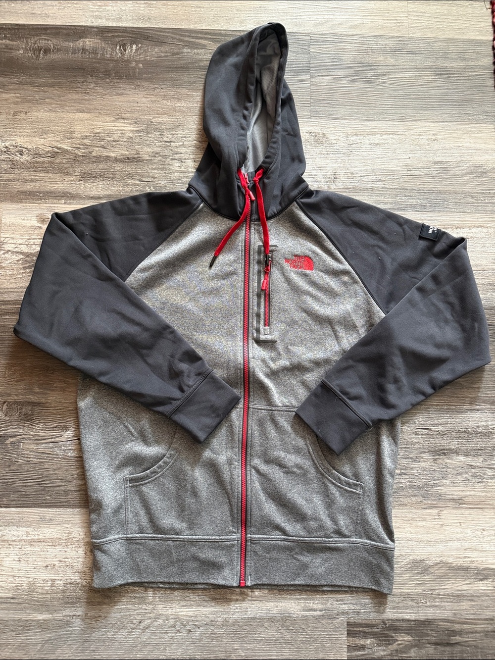 The North Face Gray Hoodie with Black Sleeves and Red Accents